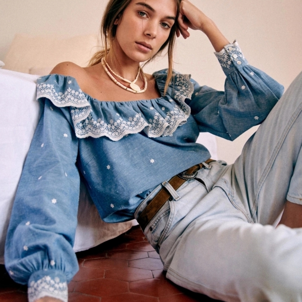 NWT Sezane Embroidered Francesca Blouse